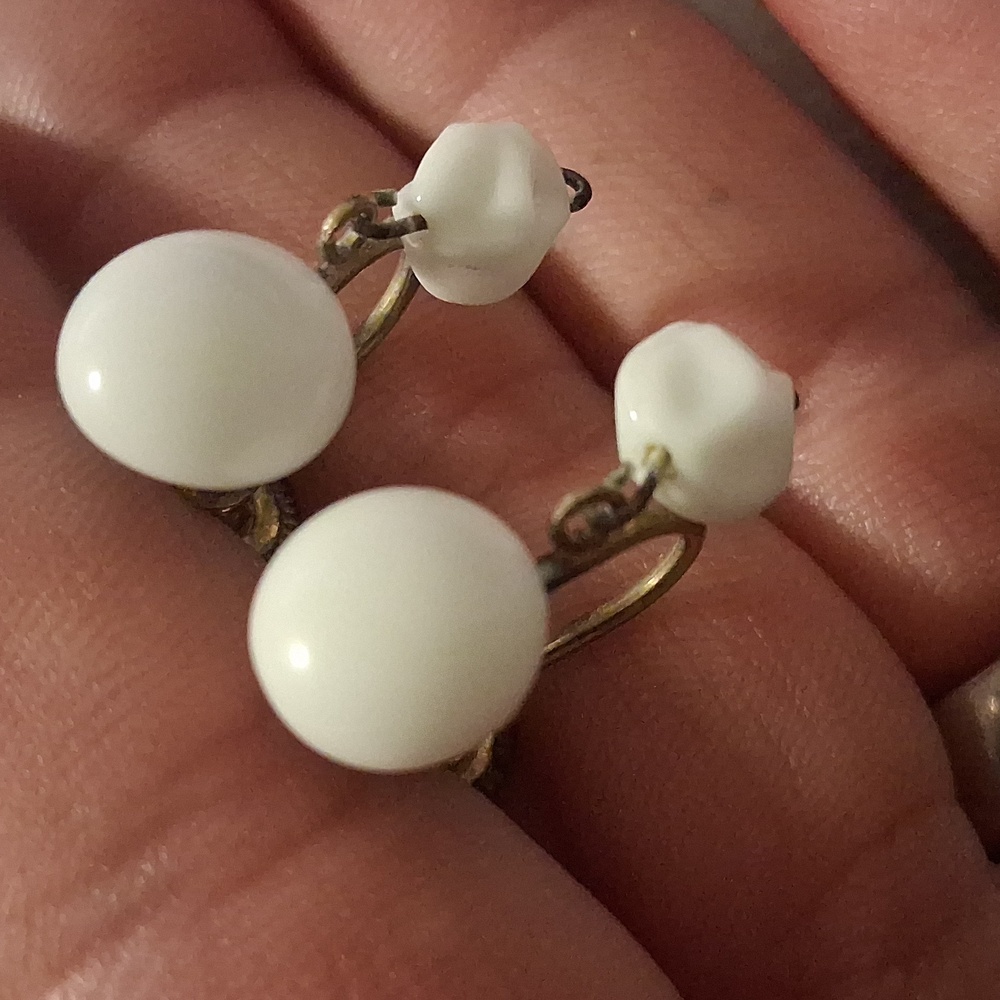 Gold and White Milk Glass Vintage West Germany Earrings